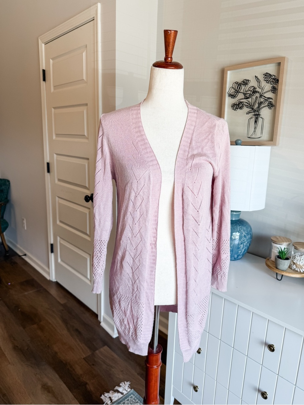 Women's Light Pink Open-Front Knit Cardigan Sweater